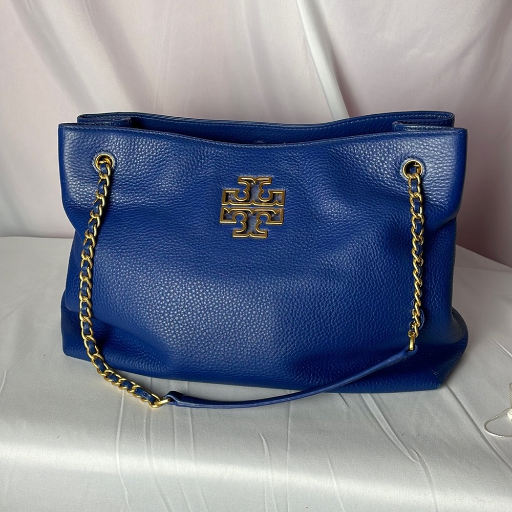 Tory Burch Britten Triple Compartment Tote in Fresh Blueberry & Rolled Gold
